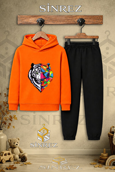 SİNREZ Children's Unisex Single Tiger Geometric Printed Hooded Tracksuit Set