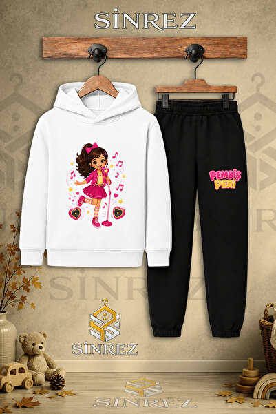 SİNREZ Children's Unisex Single Pink Fairy Singing Printed Hooded Tracksuit Set