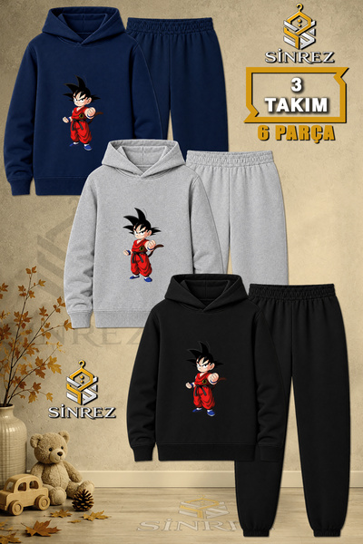 SİNREZ Children's Unisex 3Lu Goku Standing Fist Printed Hooded Tracksuit Set