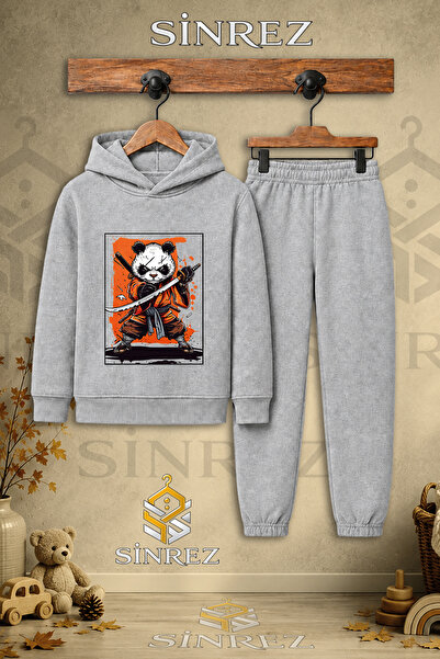 SİNREZ Children's Unisex Single Panda Ninja Printed Hooded Tracksuit Set