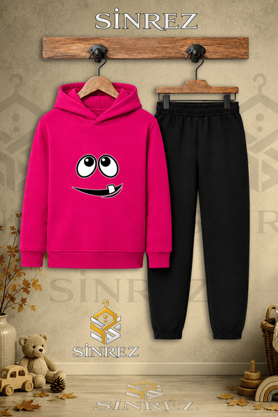 SİNREZ Children's Unisex Single Dis Goz Face Printed Hooded Tracksuit Set