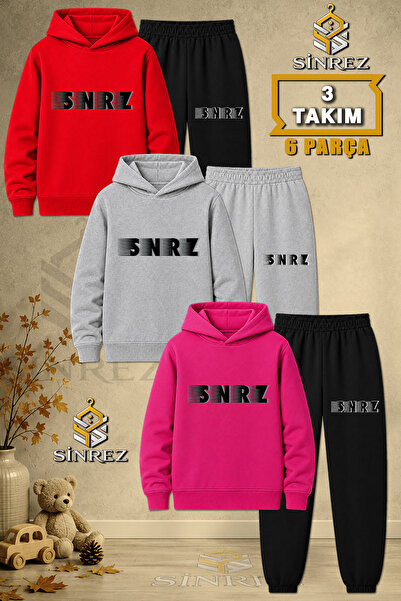 SİNREZ Children's Unisex 3Lu Shadow Black Text Printed Hooded Tracksuit Set