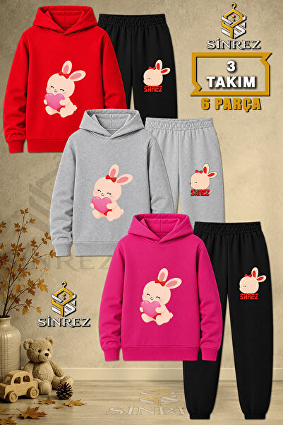 SİNREZ Children's Unisex 3Lu Rabbit in the Lap Pink Heart Printed Hooded Trac...