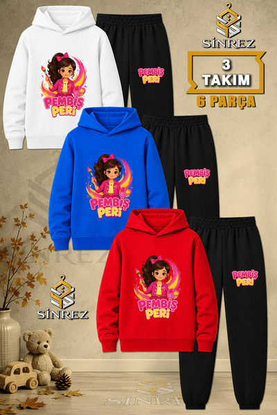 SİNREZ Children's Unisex 3Lu Pembis Peri Yarim Painter Printed Hooded Tracksu...