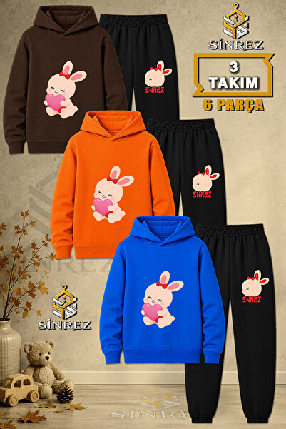 SİNREZ Children's Unisex 3Lu Rabbit in the Lap Pink Heart Printed Hooded Trac...