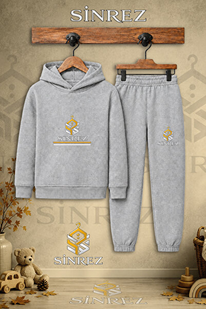 SİNREZ Children's Unisex Single Logo Two-Line Printed Hooded Tracksuit Set