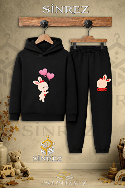 SİNREZ Children's Unisex Single Rabbit Heart Balloon Printed Hooded Tracksuit...