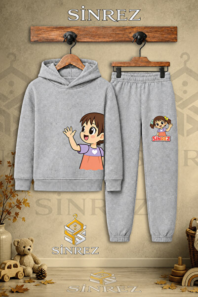 SİNREZ Children's Unisex Single Girl's Left Side Printed Hooded Tracksuit Set