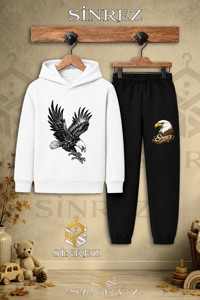 SİNREZ Children's Unisex Single Eagle Black Atak Printed Hooded Tracksuit Set