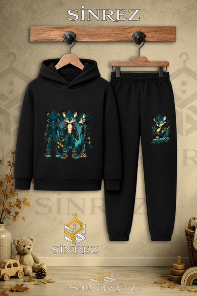 SİNREZ Children's Unisex Single Zenko Multi-Pose Printed Hooded Tracksuit Set