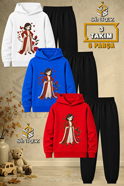 SİNREZ Children's Unisex 3Lu Jyn Anime Yoresel Printed Hooded Tracksuit Set