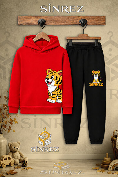 SİNREZ Children's Unisex Single Tiger Printed Hooded Tracksuit Set on the Lef...
