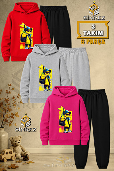 SİNREZ Children's Unisex 3Lu Tavsan Yellow Cantali Printed Hooded Tracksuit Set