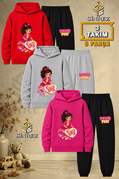 SİNREZ Children's Unisex 3Lu Pink Fairy Butterfly Printed Hooded Tracksuit Set