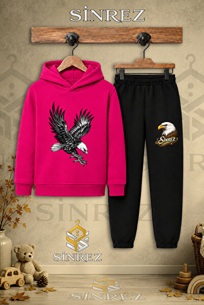 SİNREZ Children's Unisex Single Eagle Black Atak Printed Hooded Tracksuit Set