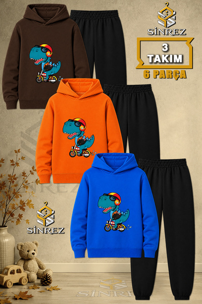 SİNREZ Children's Unisex 3Lu Dino Biker Printed Hooded Tracksuit Set