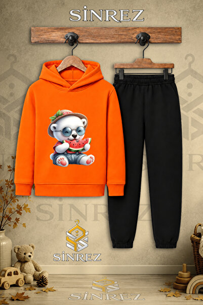 SİNREZ Children's Unisex Single Bear White Watermelon Eating Printed Hooded T...