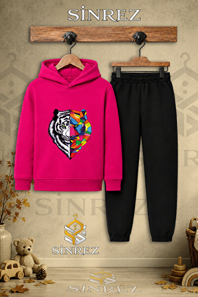 SİNREZ Children's Unisex Single Tiger Geometric Printed Hooded Tracksuit Set