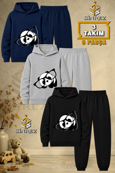 SİNREZ Children's Unisex 3Lu Panda Glasses Black and White Printed Hooded Tra...