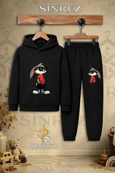 SİNREZ Children's Unisex Hooded Tracksuit Set with Glasses and Rabbit Print