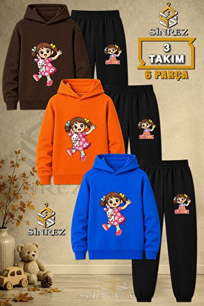 SİNREZ Children's Unisex 3Lu Girls' Toy Printed Hooded Tracksuit Set