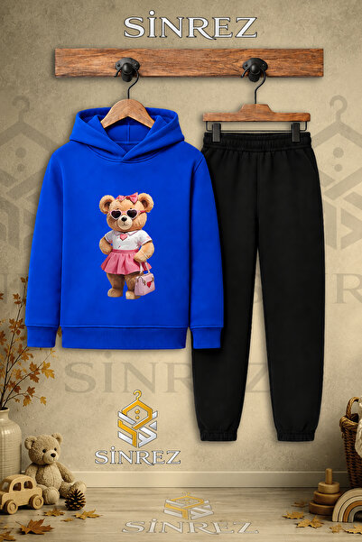 SİNREZ Children's Unisex Single Teddy Bear Pink Printed Hooded Tracksuit Set