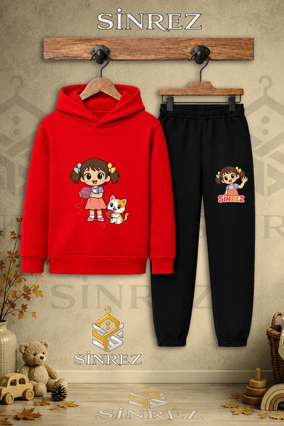 SİNREZ Children's Unisex Single Girl Cat Rope Yumagi Printed Hooded Tracksuit...