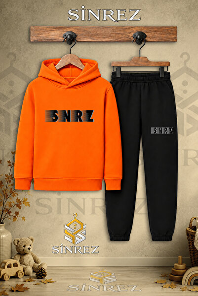 SİNREZ Children's Unisex Single Shade Black Text Printed Hooded Tracksuit Set