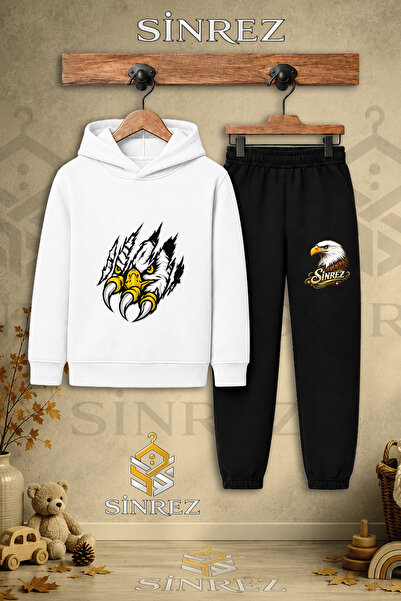 SİNREZ Children's Unisex Single Eagle Printed Hooded Tracksuit Set