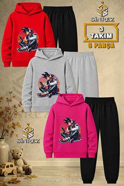 SİNREZ Children's Unisex 3Lu Goku Sitting Printed Hooded Tracksuit Set with H...