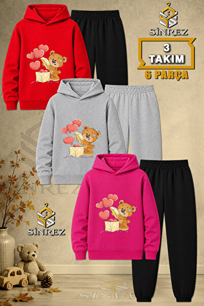 SİNREZ Children's Unisex 3Lu Bear in a Box Heart Printed Hooded Tracksuit Set