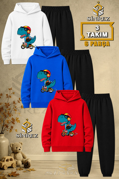 SİNREZ Children's Unisex 3Lu Dino Biker Printed Hooded Tracksuit Set