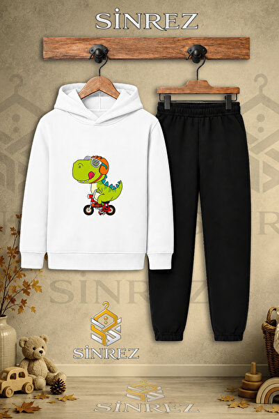SİNREZ Children's Unisex Single Dino Green Bicycle Printed Hooded Tracksuit Set