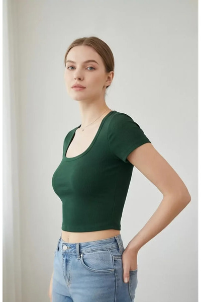 Lux Store Women's Green Half Sleeve Plain Collar Crop Top Blouse – Stylish, C...