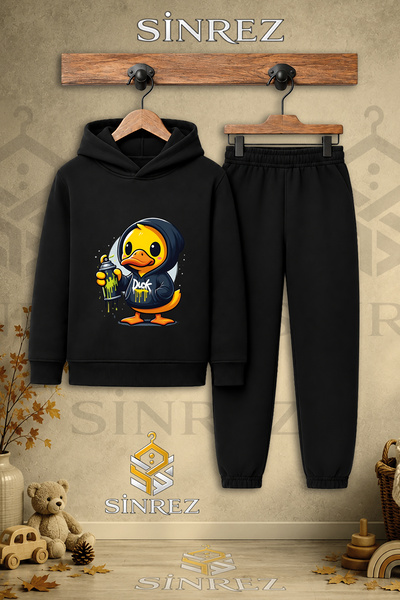 SİNREZ Children's Unisex Single Duck Yellow Large Printed Hooded Tracksuit Set