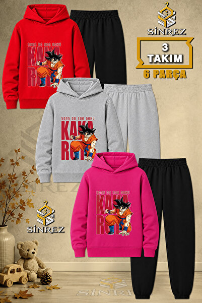SİNREZ Children's Unisex 3Lu Goku Printed Hooded Tracksuit Set with Back Lett...