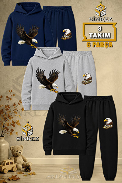 SİNREZ Children's Unisex 3Lu Eagle Colorful Attack Printed Hooded Tracksuit Set
