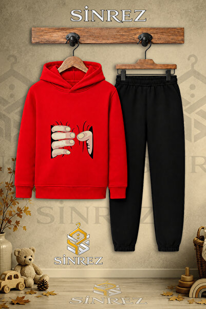SİNREZ Children's Unisex Single-Handed Black Printed Hooded Tracksuit Set