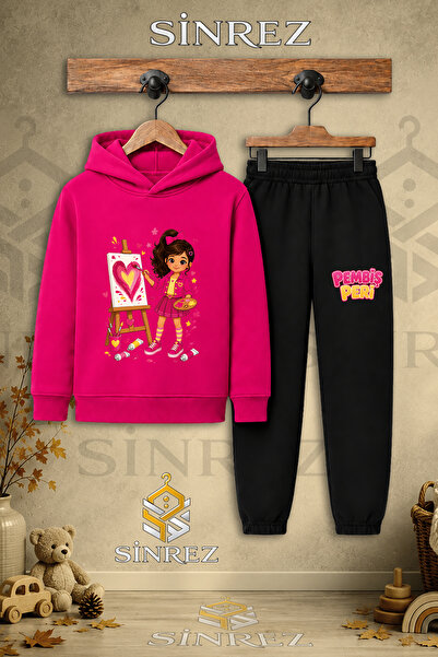 SİNREZ Children's Unisex Single Pink Fairy Heart Printed on Canvas Hooded Tra...