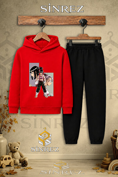 SİNREZ Children's Unisex Single Anime Girl Square Printed Hooded Tracksuit Set