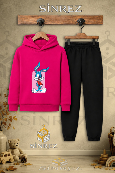 SİNREZ Children's Unisex Single Tavsan Boys Pink Canvas Printed Hooded Tracks...
