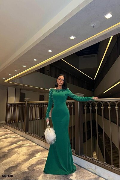 Euro Class Crepe Fabric Degaje Collar Low-Cut Evening Dress