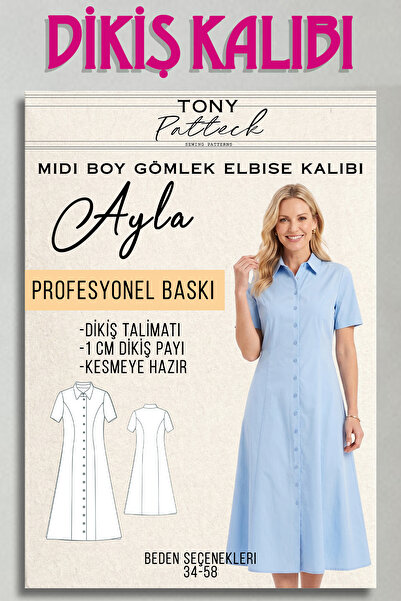 Tony Patteck Ayla Midi Boy Gömlek Elbise (EL4) - Hazır Dikiş Kalıbı (34-58 Be...