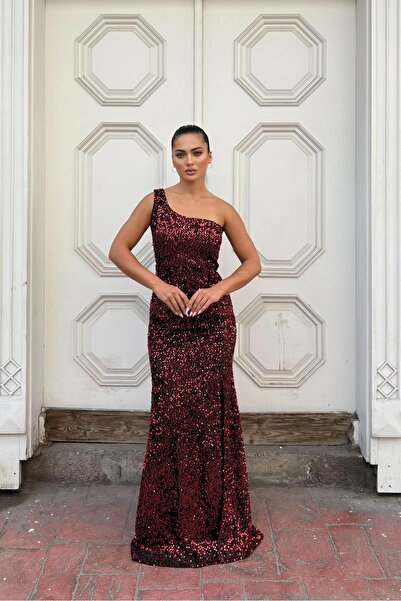 Euro Class Velvet Fabric Asymmetrical Collar Sequined Evening Dress