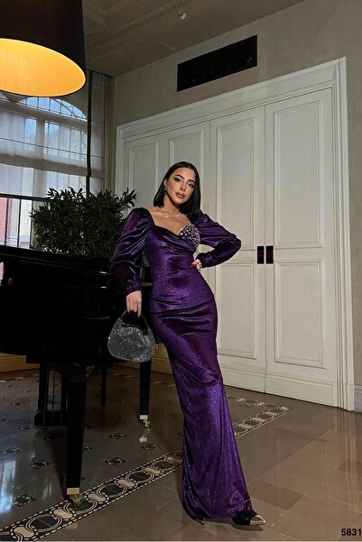 Euro Class Velvet Fabric Strapless Evening Dress with Stone Detail