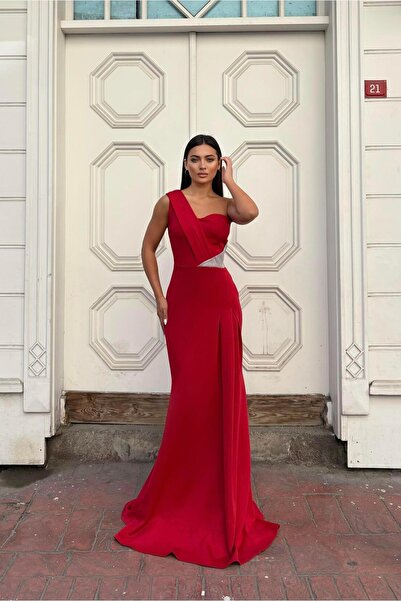Euro Class One-Shoulder Evening Dress with Stone Detail