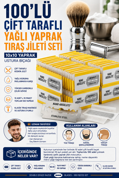 Transformacion 100 lü Çift Taraflı Yağlı Yaprak Tıraş Jileti Seti 10x10 Yapra...