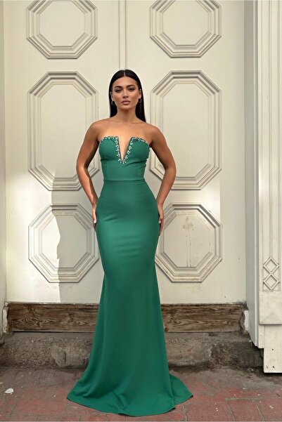 Euro Class Crepe Fabric V-Neck Fish Cut Evening Dress