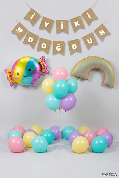 Partixa Şeker ve Gökkuşağı Temalı 7'li Balon Standı Banner ve Balonlu Doğum G...