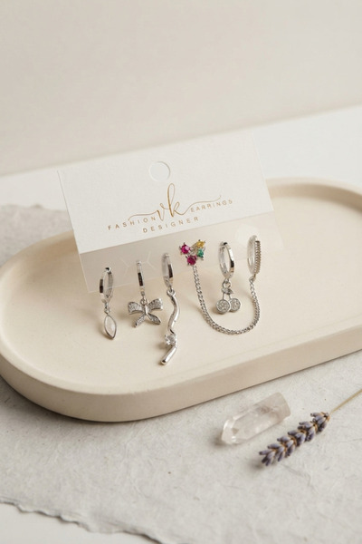 callerrons accessories Silver Color Brass Zircon Stone Cherry Detailed 6-Piec...